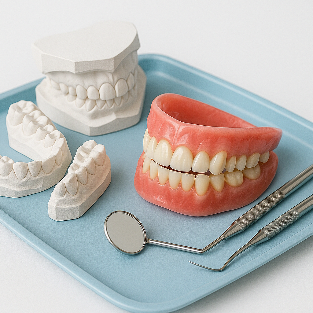 Dental prosthetics including dentures, dental molds and tools on a blue tray