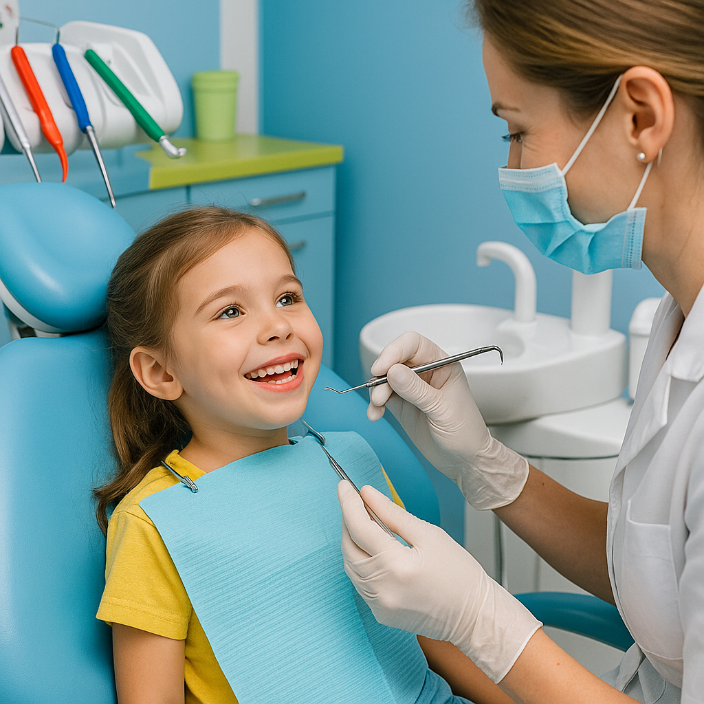 Happy child at pediatric dental appointment with friendly dentist